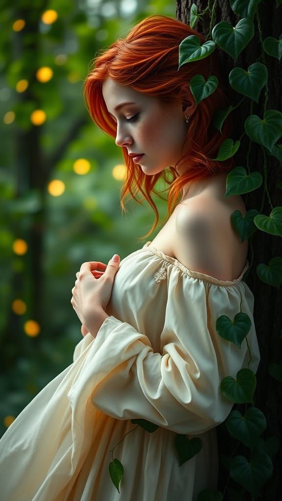 Young Woman Amidst Enchanted Forest, in Romantic Fantasy Sty...
