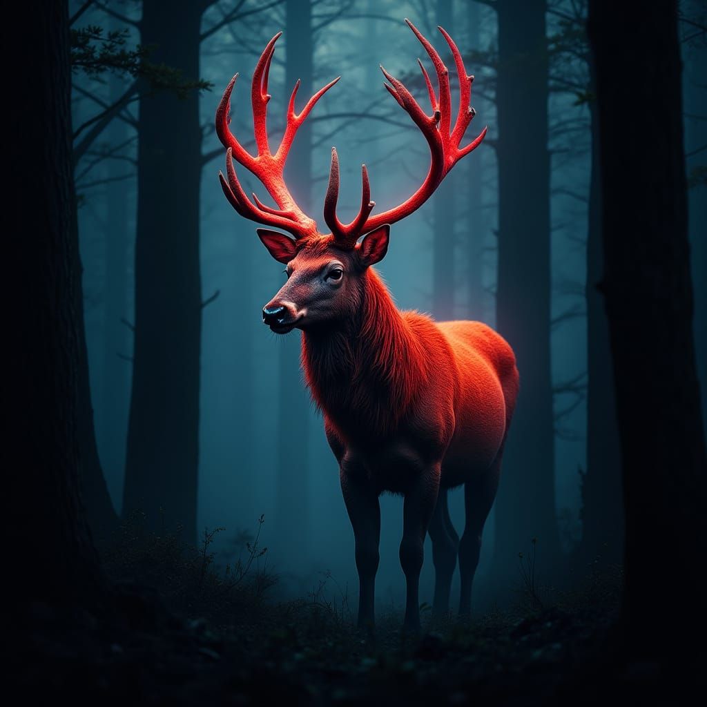 Majestic Red Stag Emerges from Mystical Forest in Cyberpunk-...