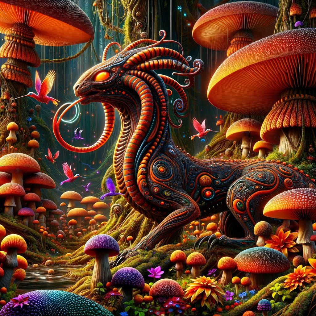 Metallic Sphinx-Elk in Multicolored Mushroom Forest