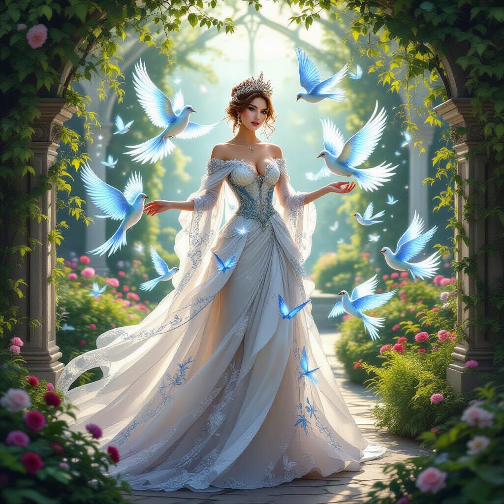 Queen in Enchanted Garden with Glowing Birds