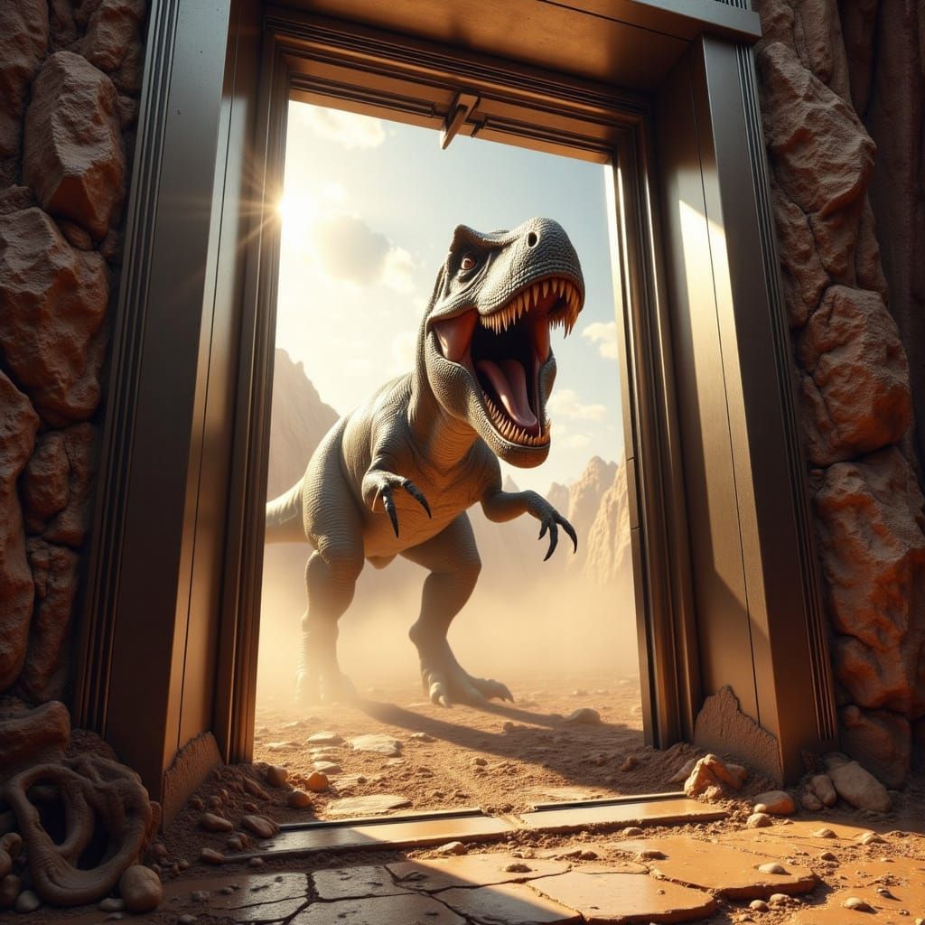 T-Rex Charges from Elevator in Photorealistic Desert