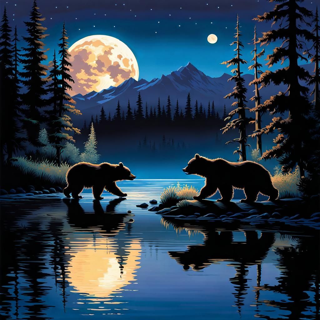 Bear Cubs Frolic in Ethereal Impressionism Style