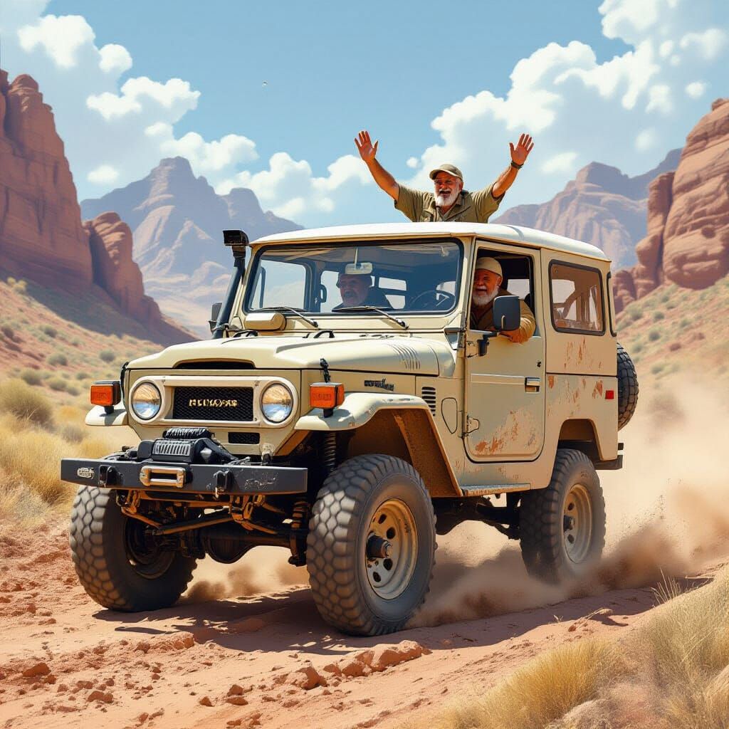 Toyota Land Cruiser in Rugged Terrain, Retro-Futuristic Styl...