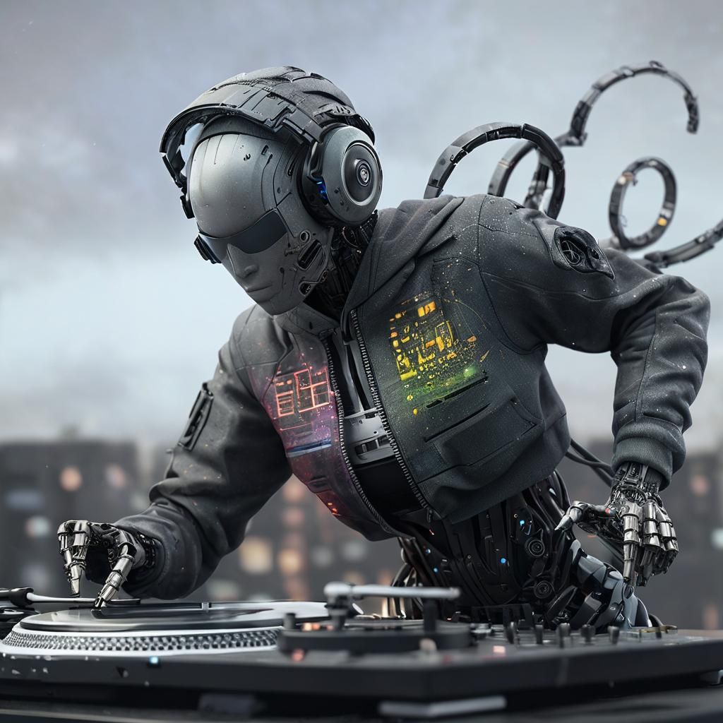 Robot Girl DJ Glitching in Futuristic Cyberpunk Scene