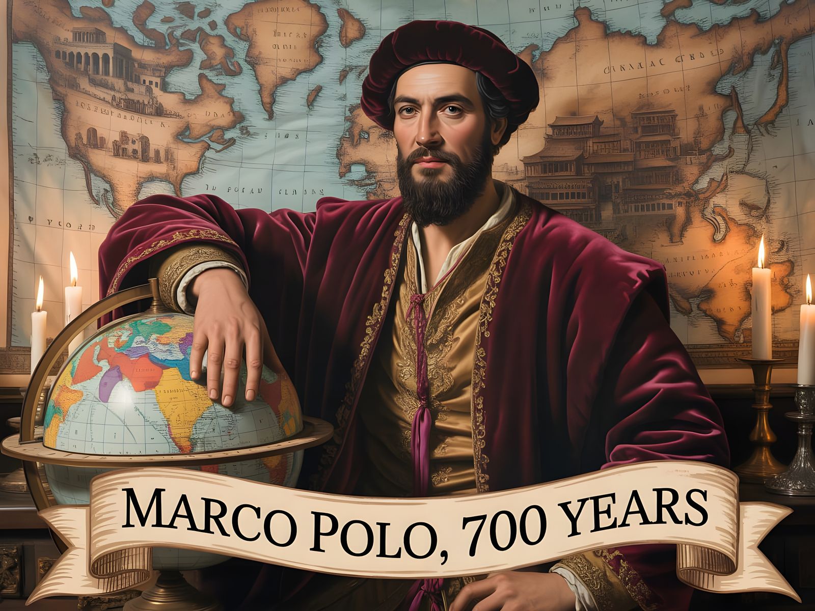 Marco Polo Portrait with Silk Road Map