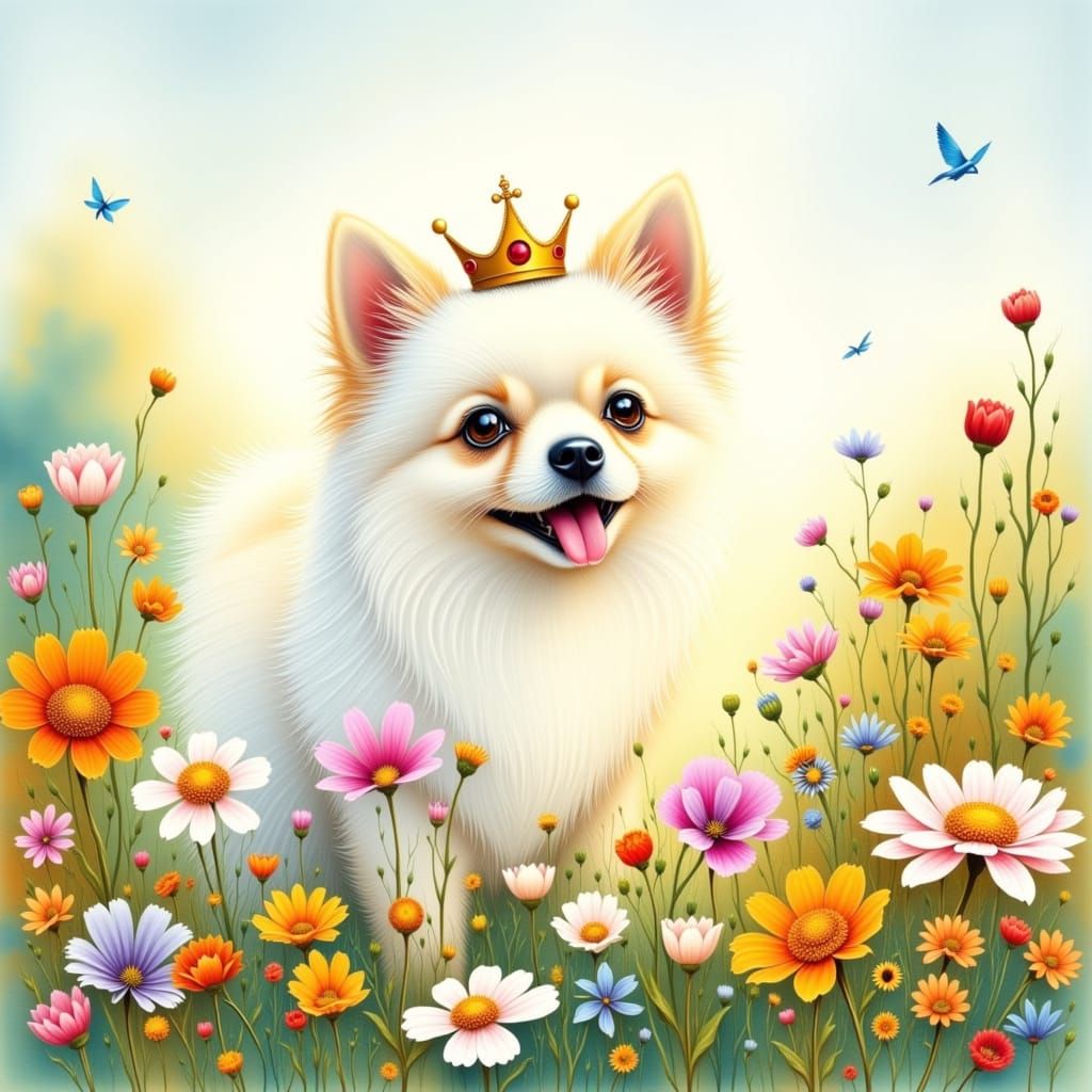 Fluffy Pomeranian in Crown on Floral Meadow Watercolor