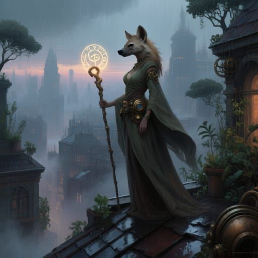 Mystical Hyena Woman Overlooking Rain-Slicked Fantasy City