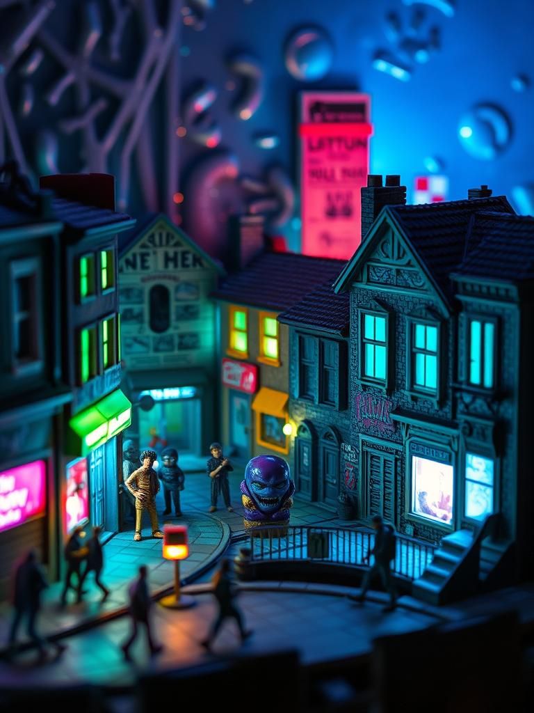 Bioluminescent Mutant City Diorama in Graffiti Style
