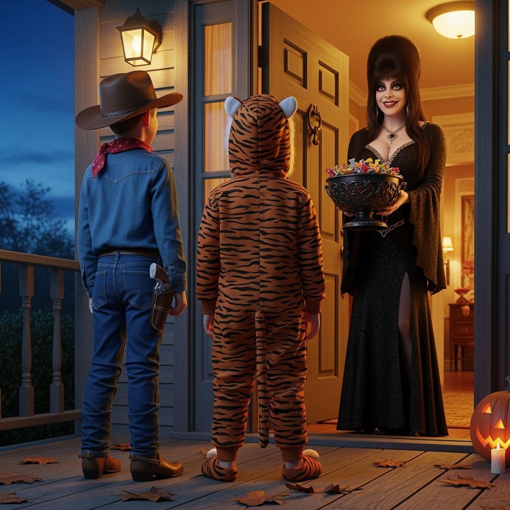 Halloween Evening: Elvira Offers Candy to Cowboy and Tiger C...