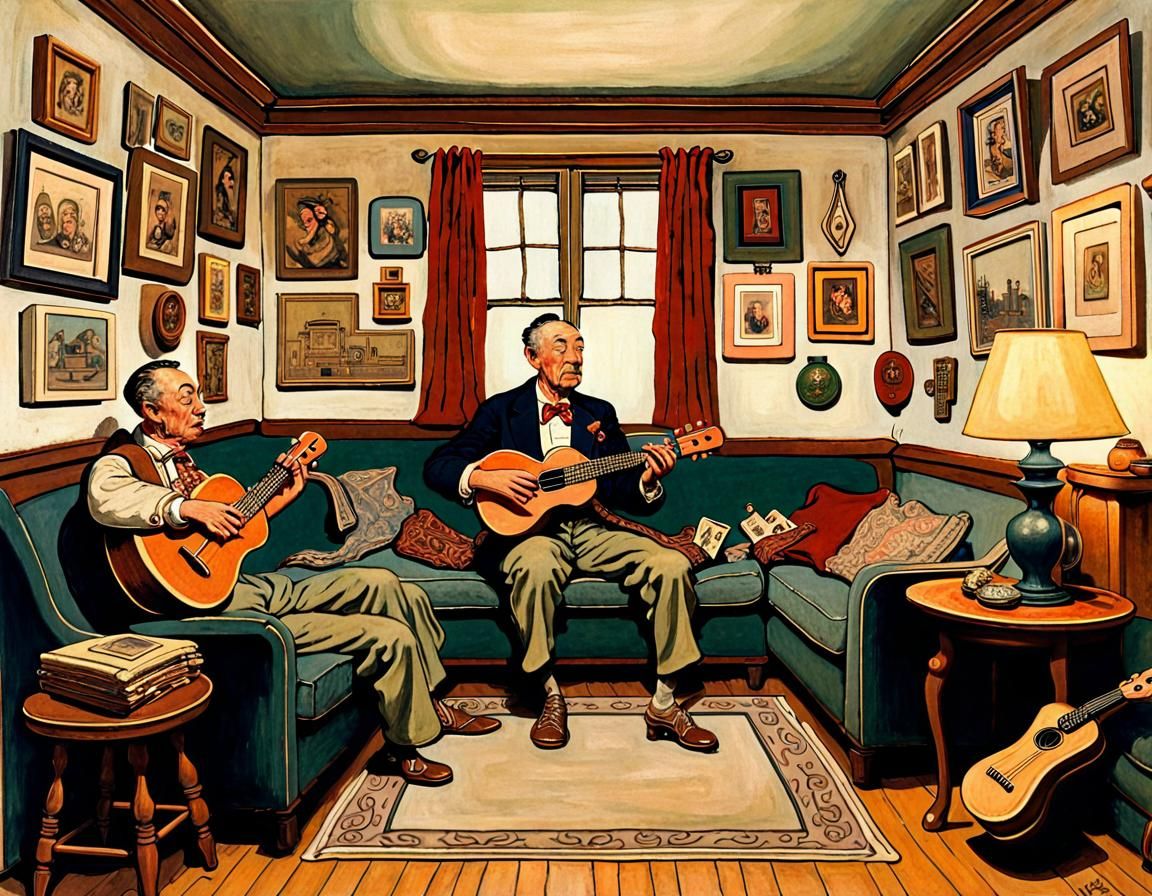 Man in his sofa playing an ukelele, surrounded by more ukeleles. Framed paintings on the walls. Maximalist interior.