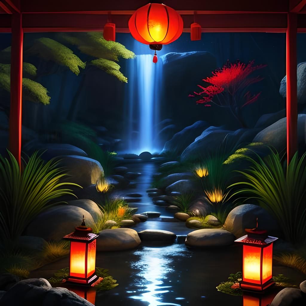 Magical Zen Garden with Lanterns, Renaissance Style