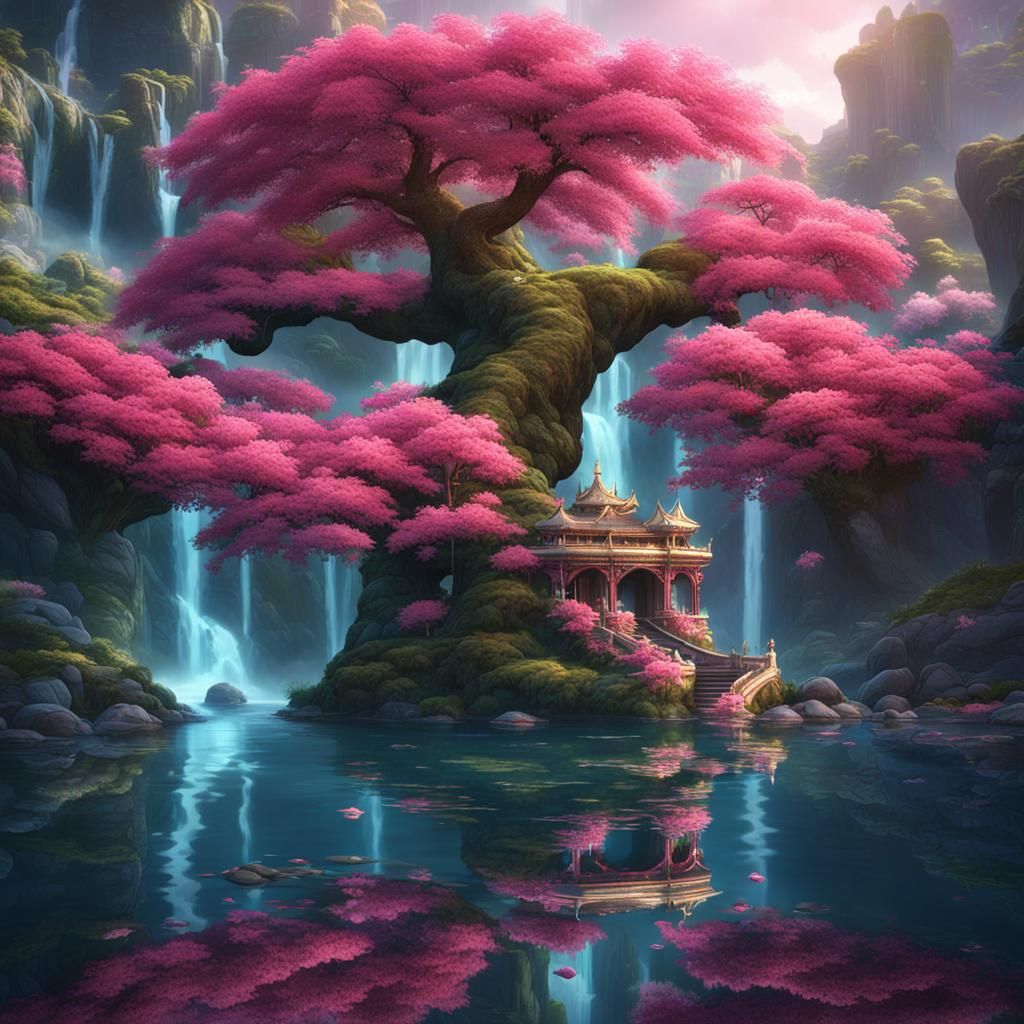 Fantasy Asian Royal Scene with Heart Waterfall