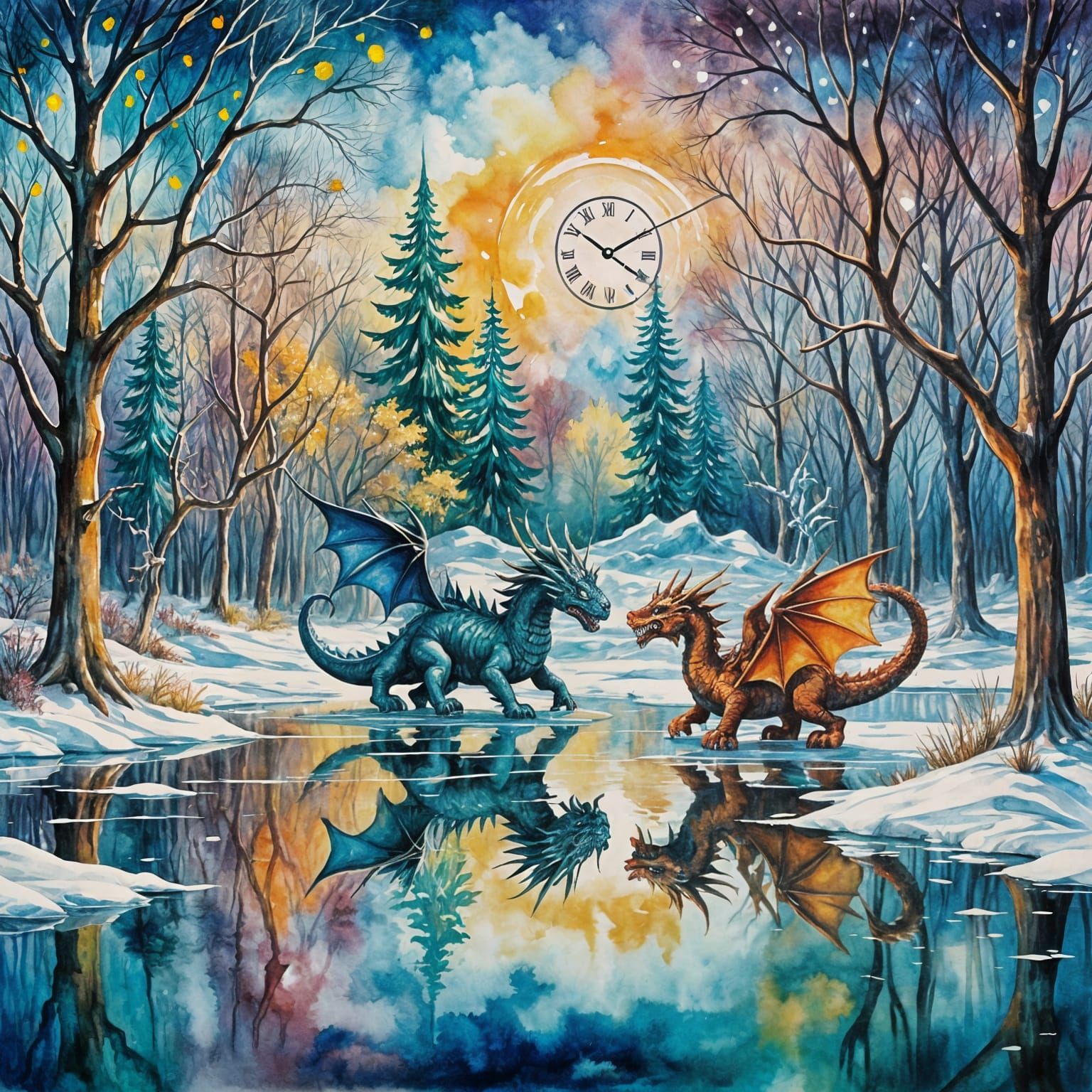 Dragon in Vibrant Watercolor Ice Skating Scene