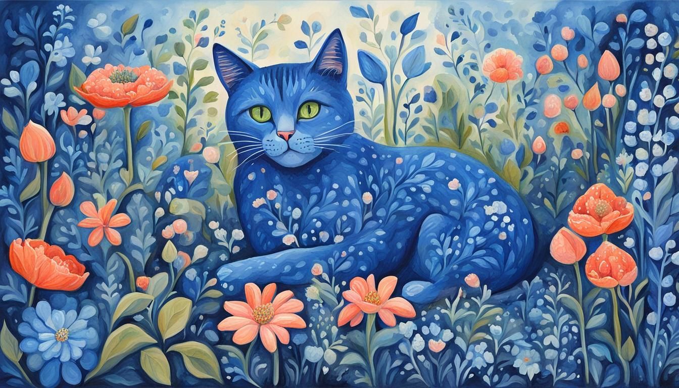 Blue Cat in Fantasy Garden: Gouache Painting