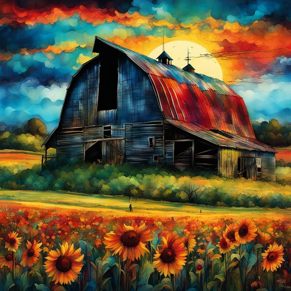 Summer Farm Sunset in Digital Alcohol Ink Style