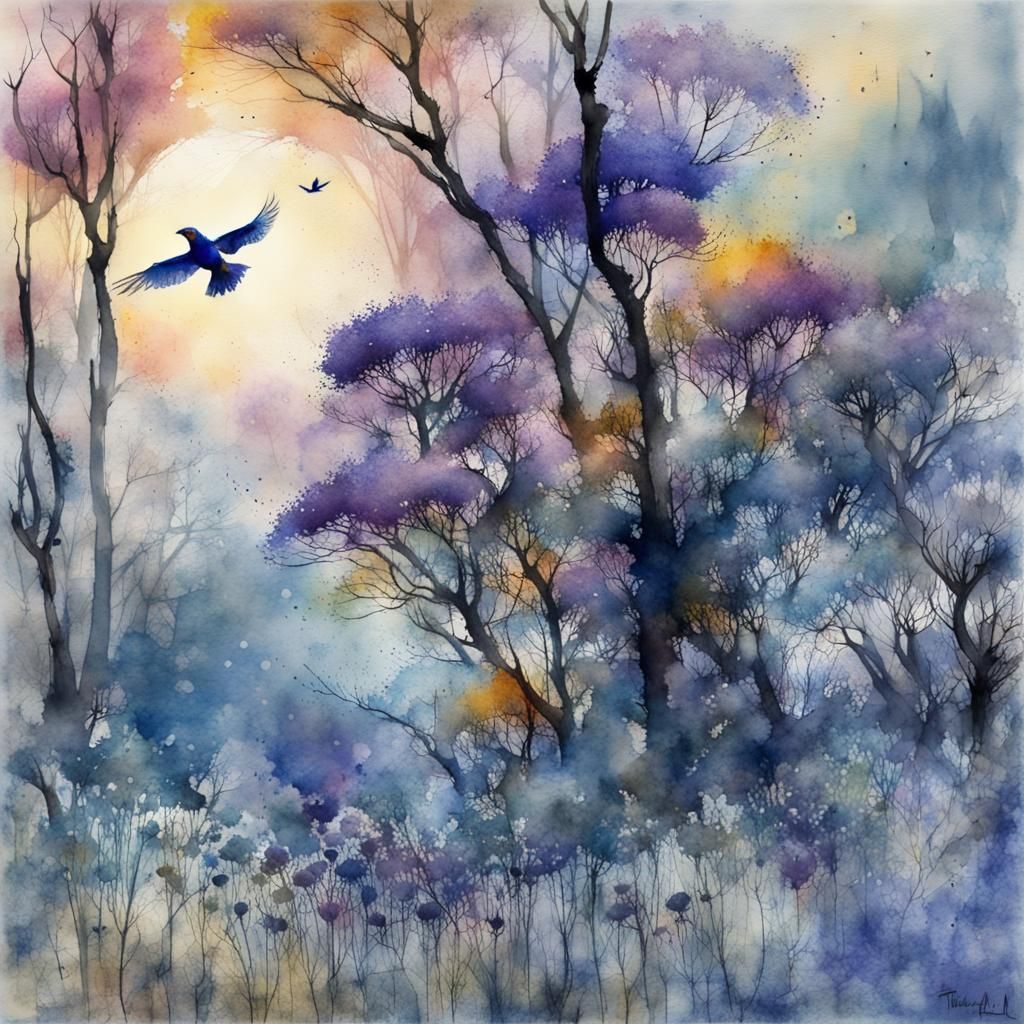 Blue Forest Moonscape in Watercolor Art Brut Style