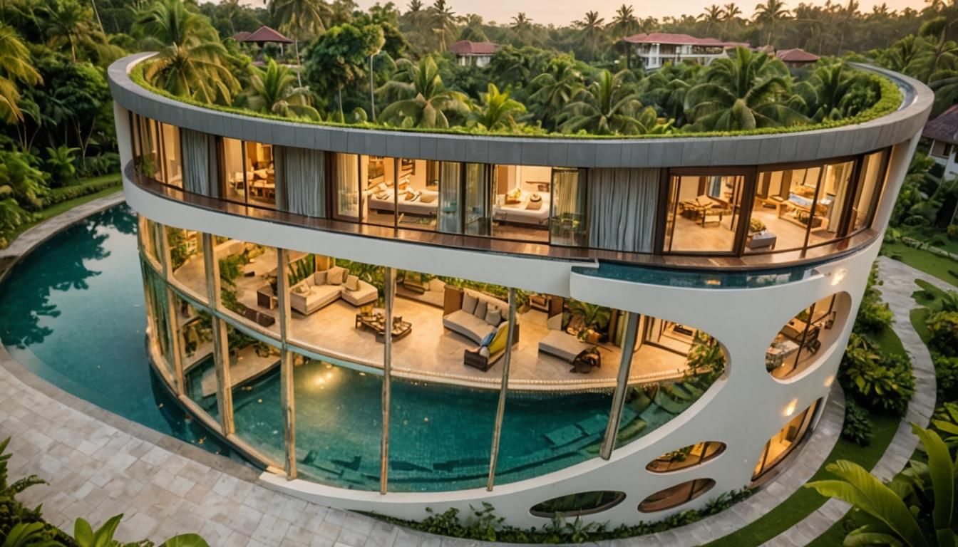 Tropical Villa at Dusk in Golden Hour Lighting