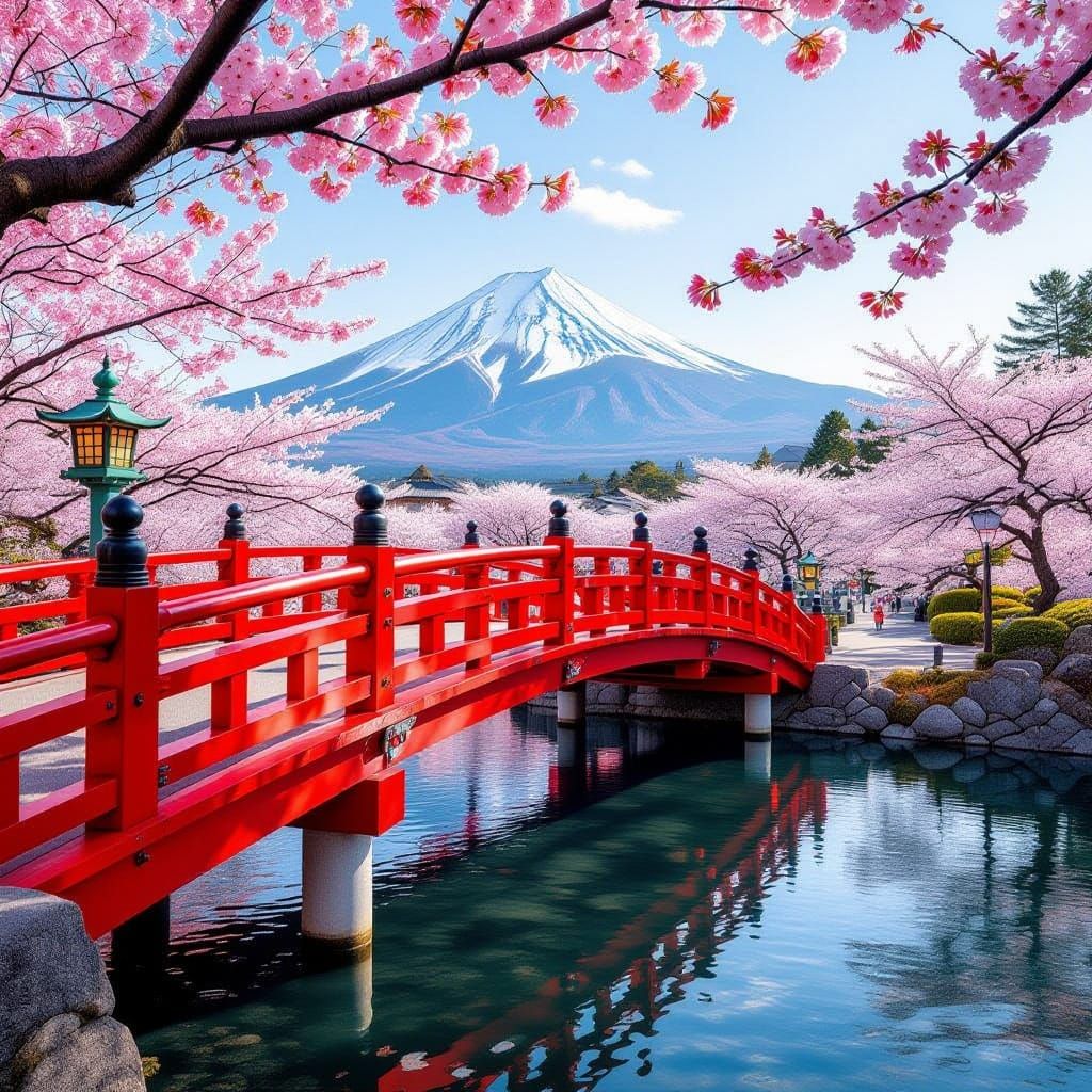 Red Cherry Blossom Bridge Over River with Mount Fuji