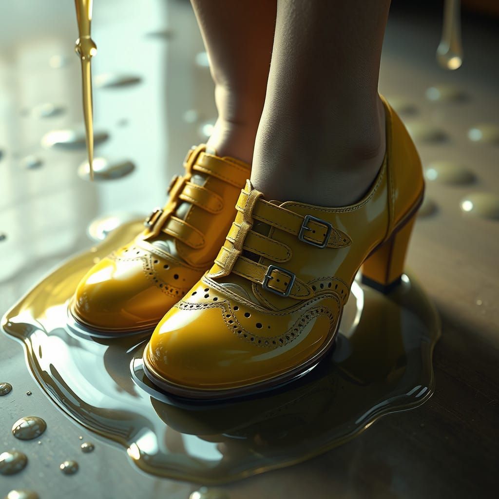 Surreal Yellow Mary Janes Trapped in Iridescent Glue