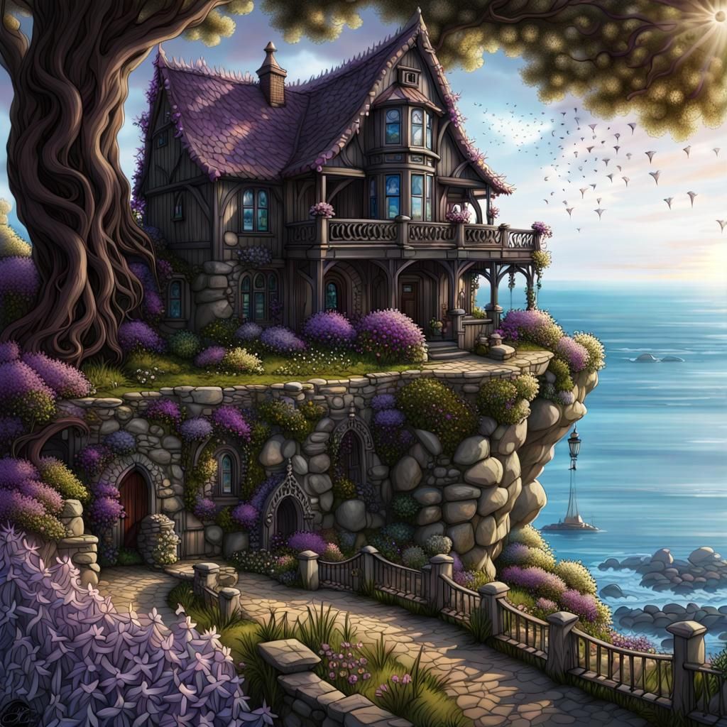 Enchanted Witch House Cliffside with Magical Gardens