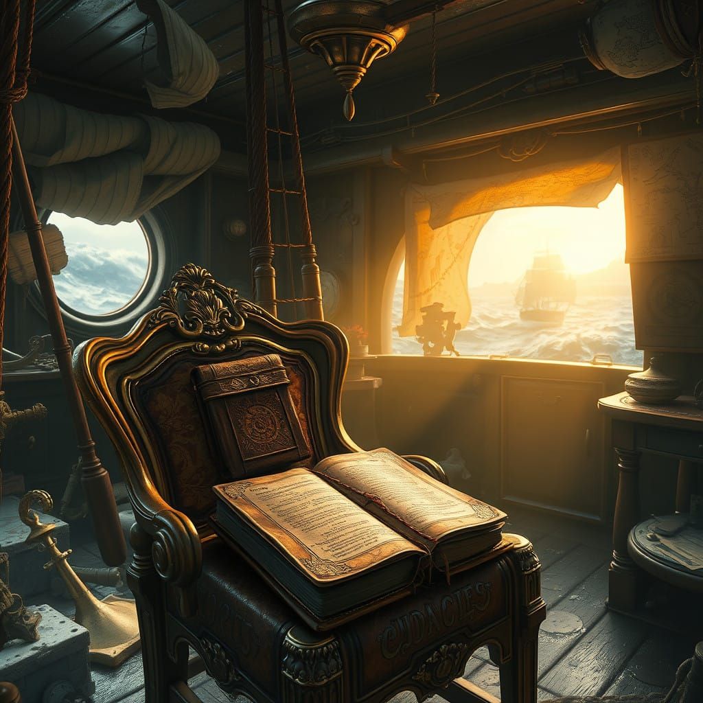 Fantasy Pirate Ship Cabin in Turbulent Stormy Sea
