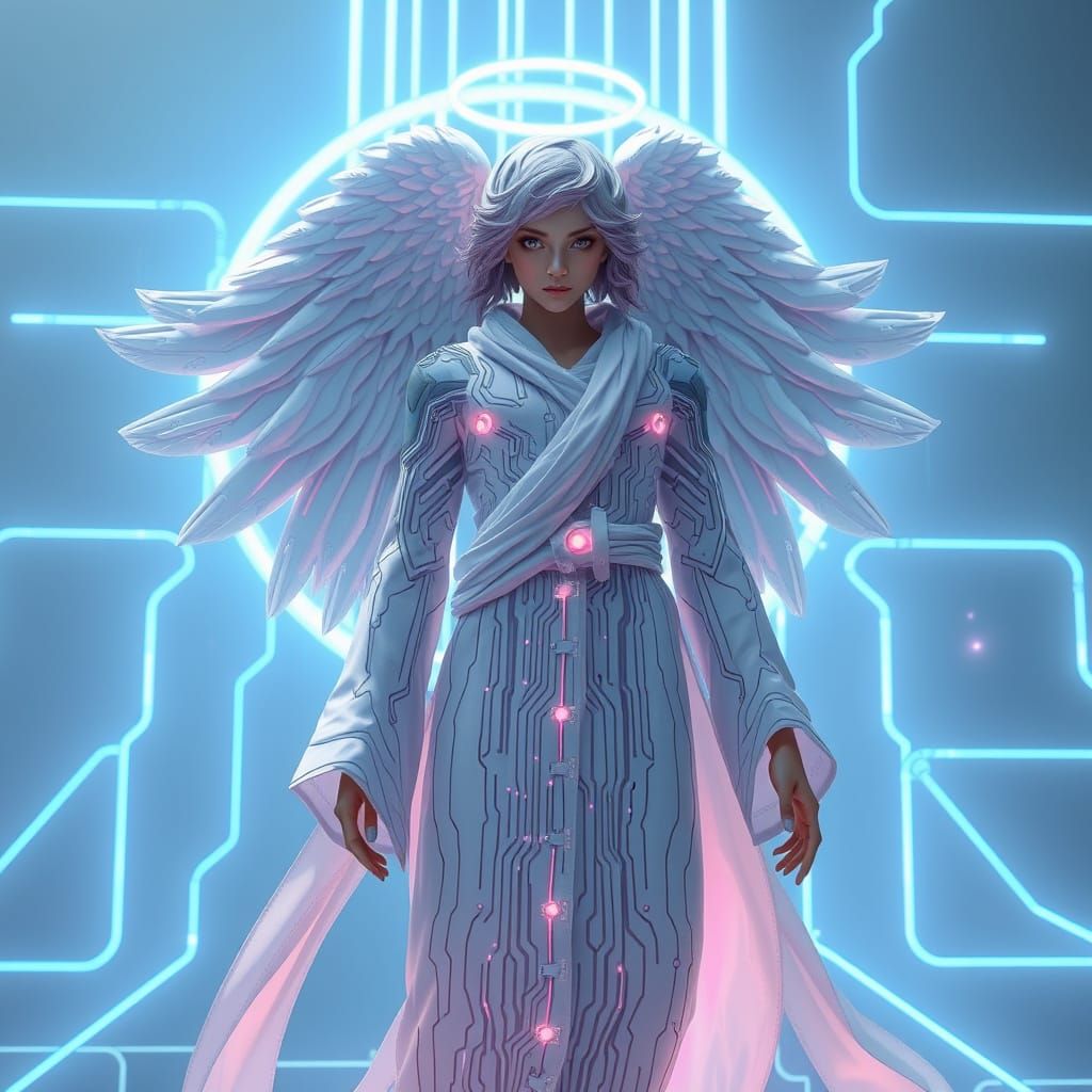 Futuristic Angel in Neon Cityscape