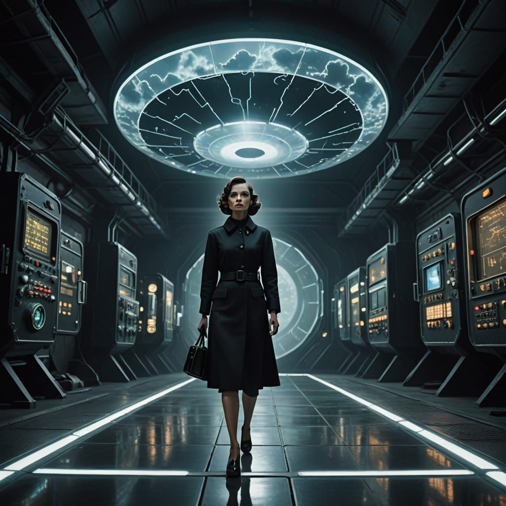 Retro Spy Base with Futuristic Woman in Black