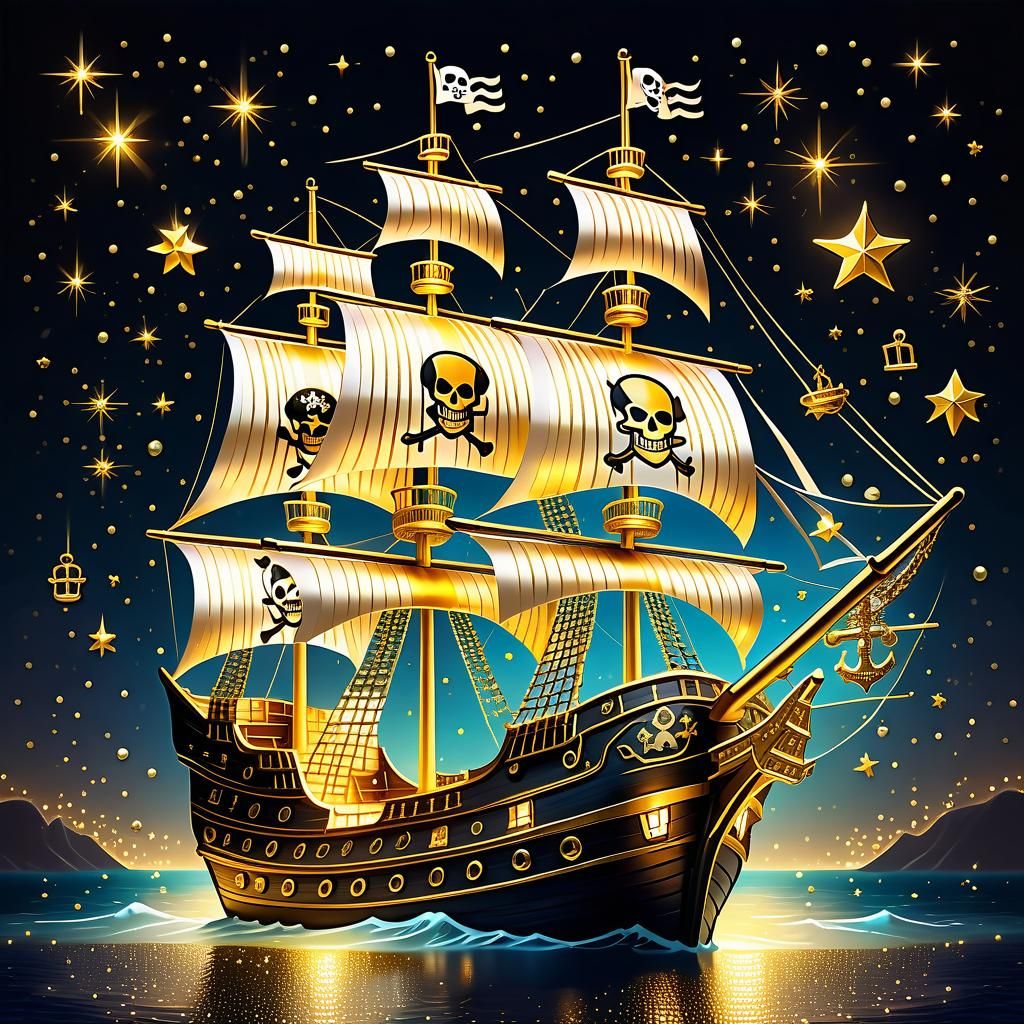 Golden Pirate Ship Shimmers with Starlight