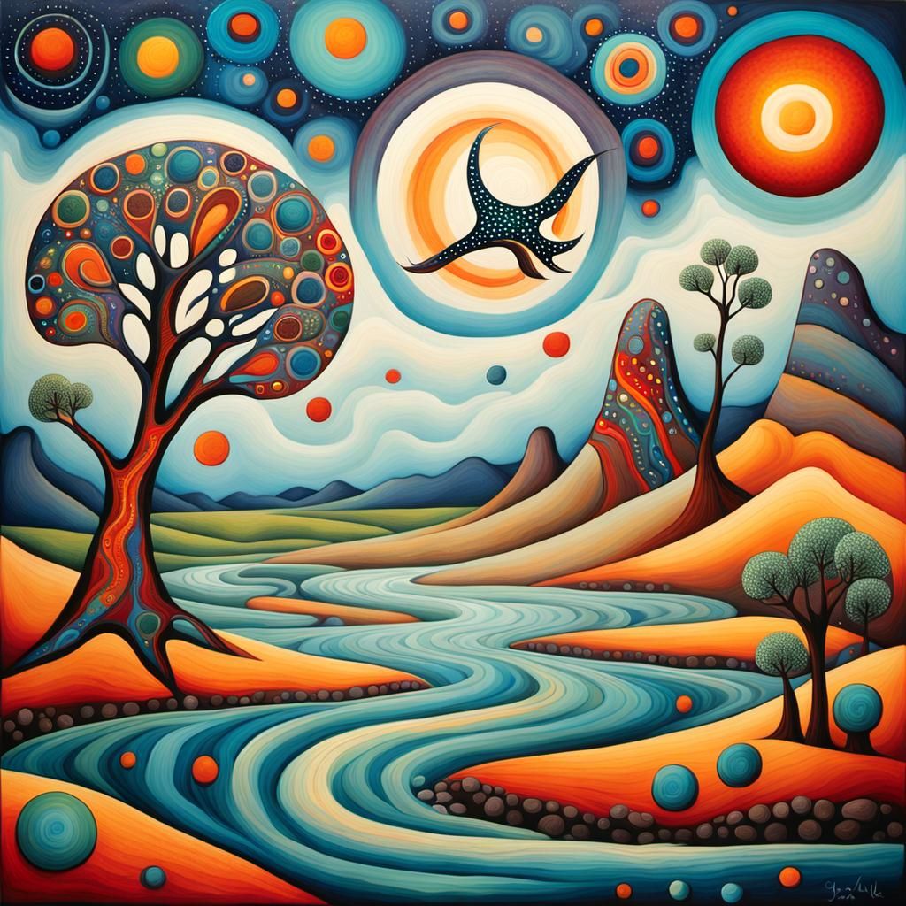 Surreal Landscape in Aboriginal Dot Painting Style