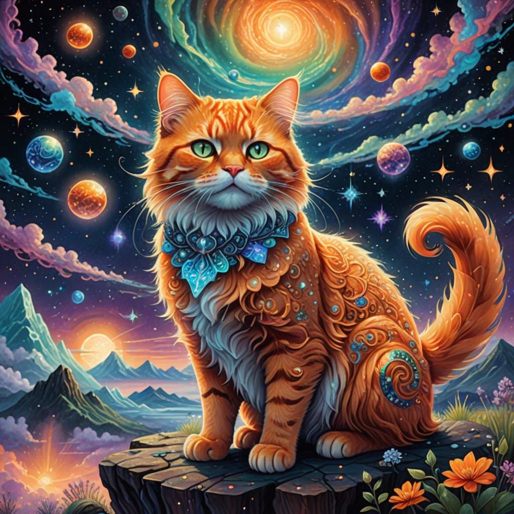 Cosmic Whimsy: Glowing Orange Cat and Turtle in Starry Expan...