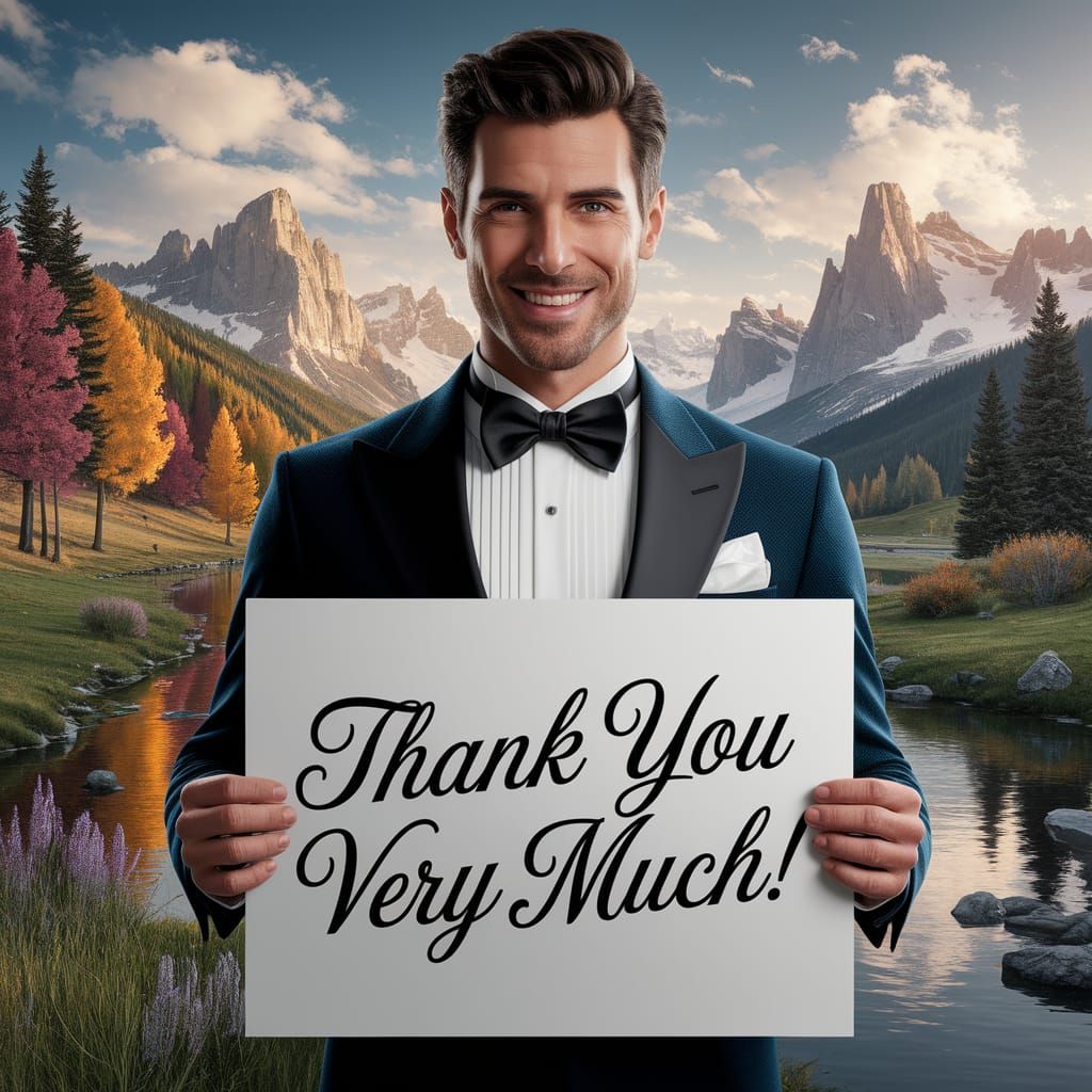Man Holds "Thank You Very Much" Sign, Hyperrealistic Photo