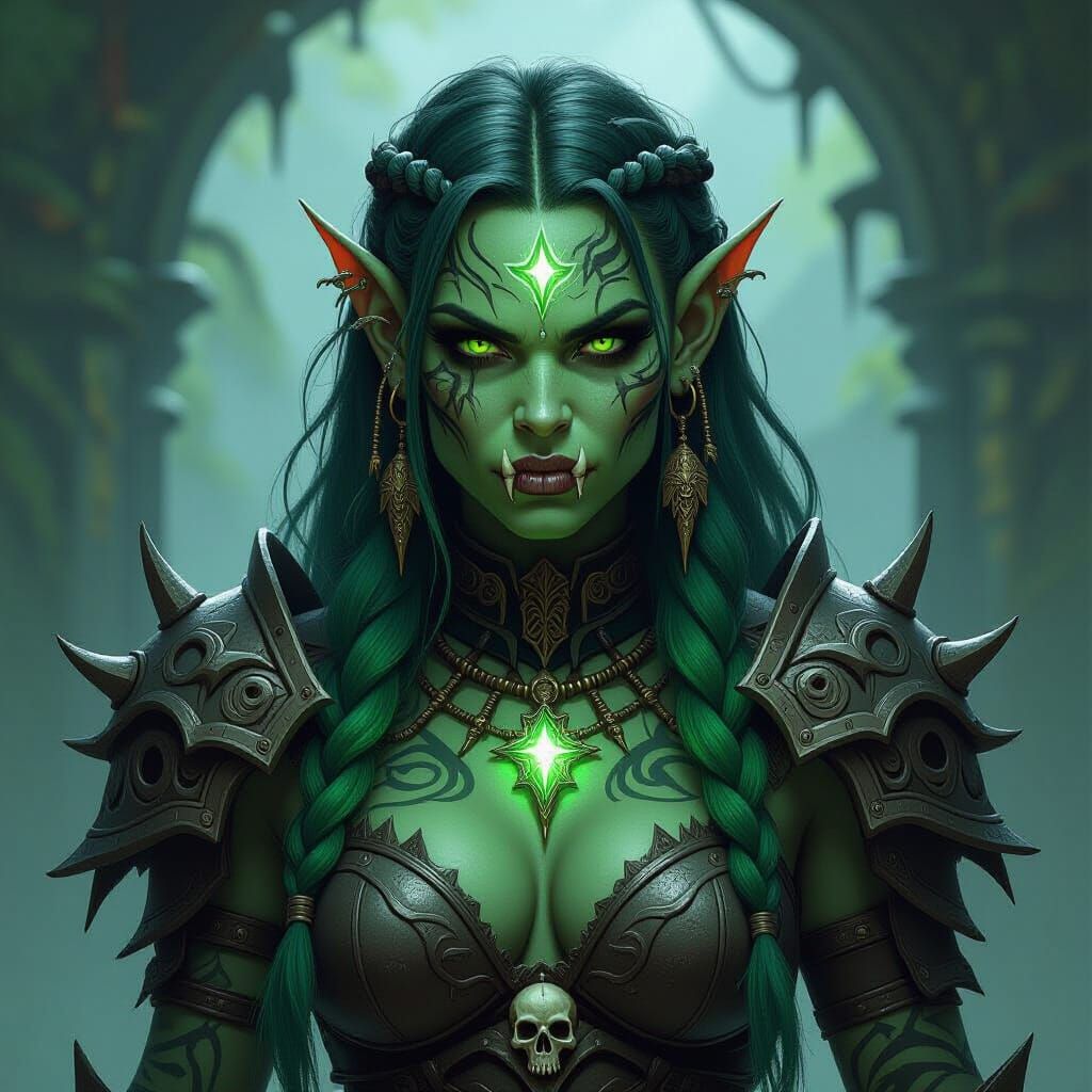 Female Orc Necromancer in Bone Armor with Green Hair