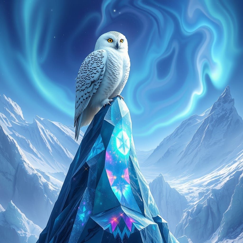 Aurora Snow Owl on Crystal Spire in Glacial Valley