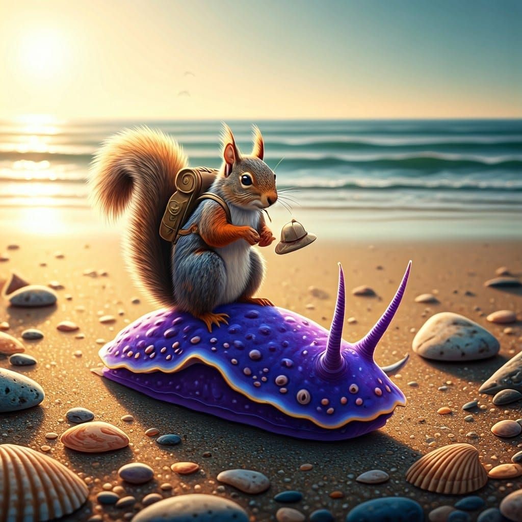 Squirrel Rides Sea Slug: Dreamlike Whimsical Illustration