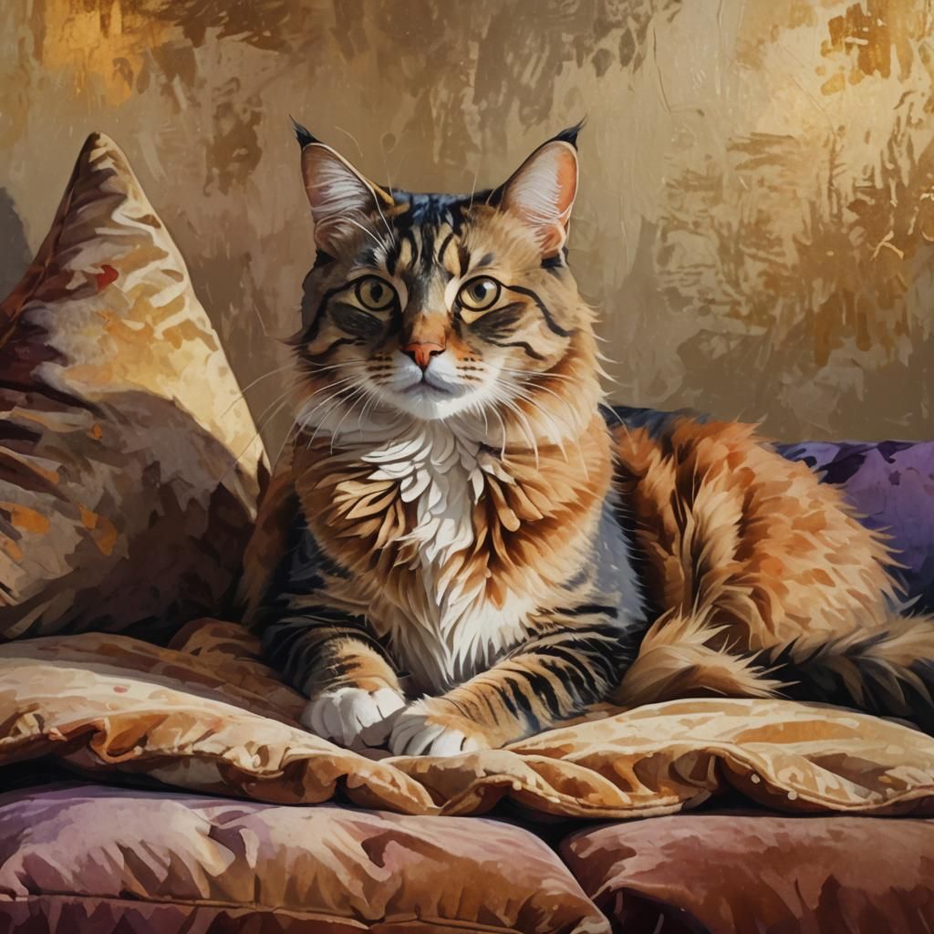 Whimsical Fauvist Cat Portrait in Golden Light