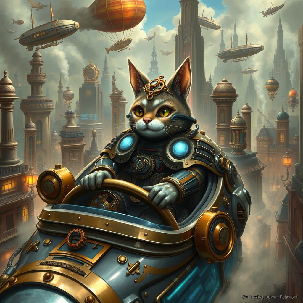 Steampunk Palico Pilot in Flying Gear-adorned Car