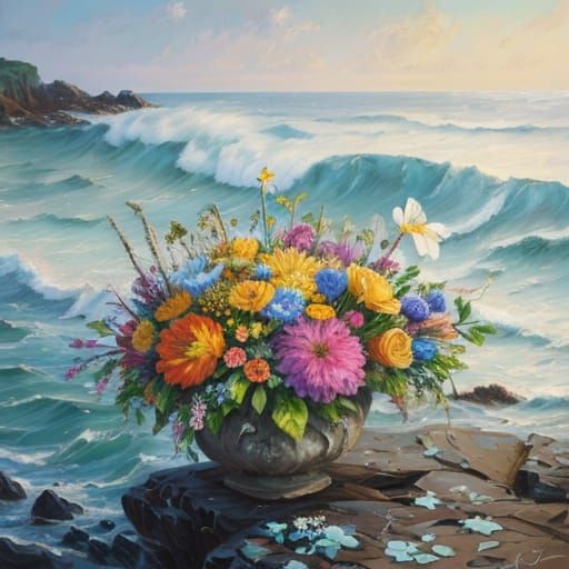 Baroque Floral Oil Painting by the Sea
