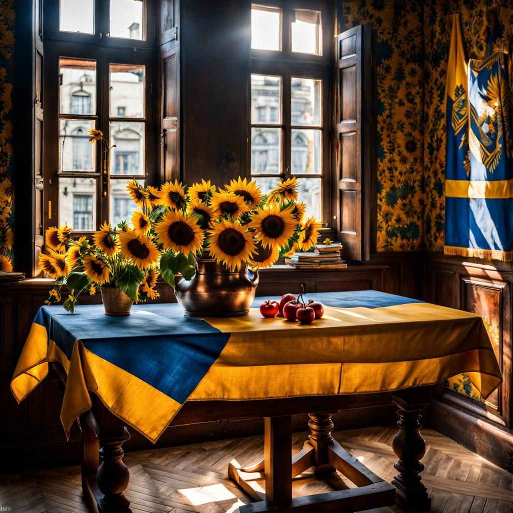 Ukrainian Flag Still Life with Sunflowers