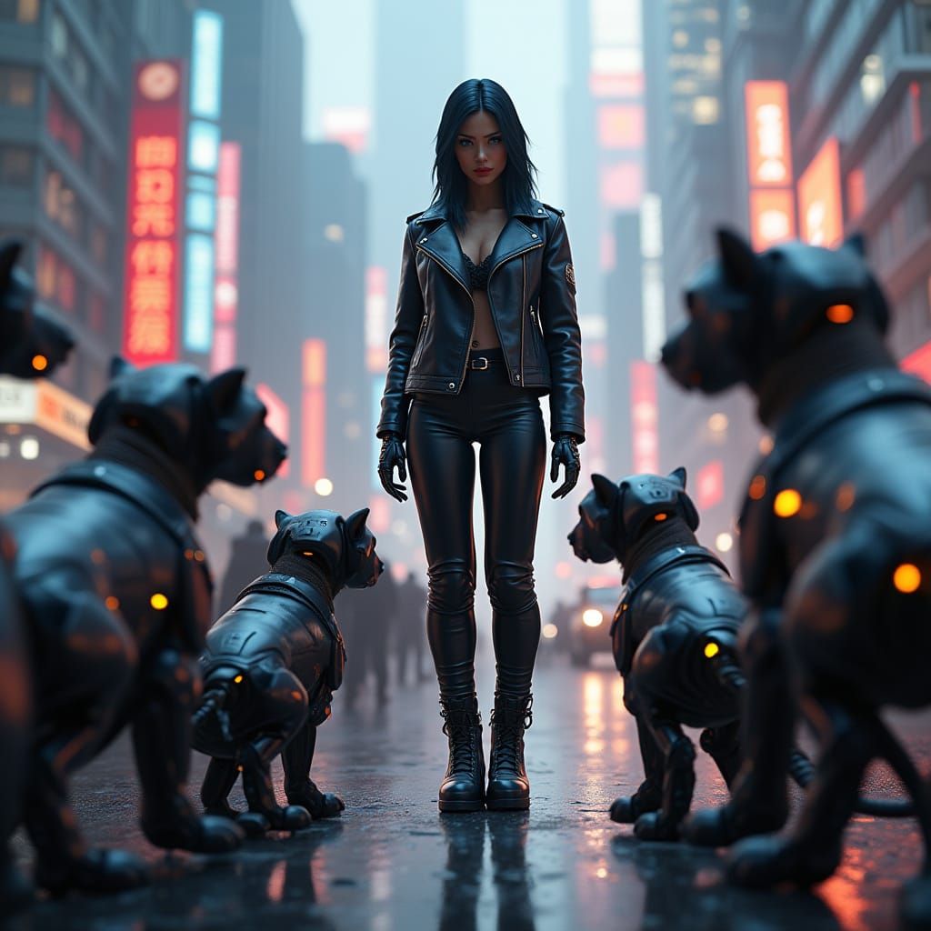 Android Mistress Surrounded by Robotic Puppies in Futuristic...