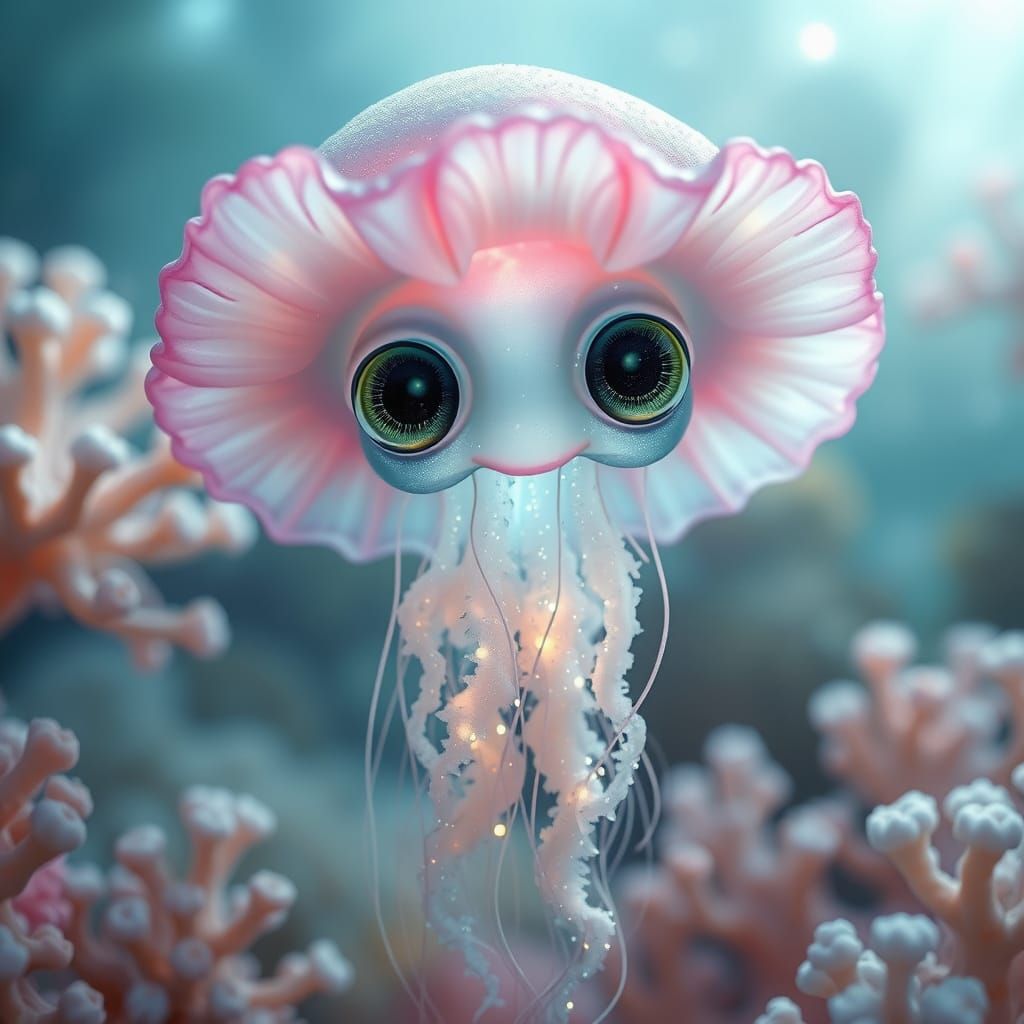 a fantasy jellyfish with big expressive eyes and ethereal appearance. Her translucent and shimmering body, adorned with ...