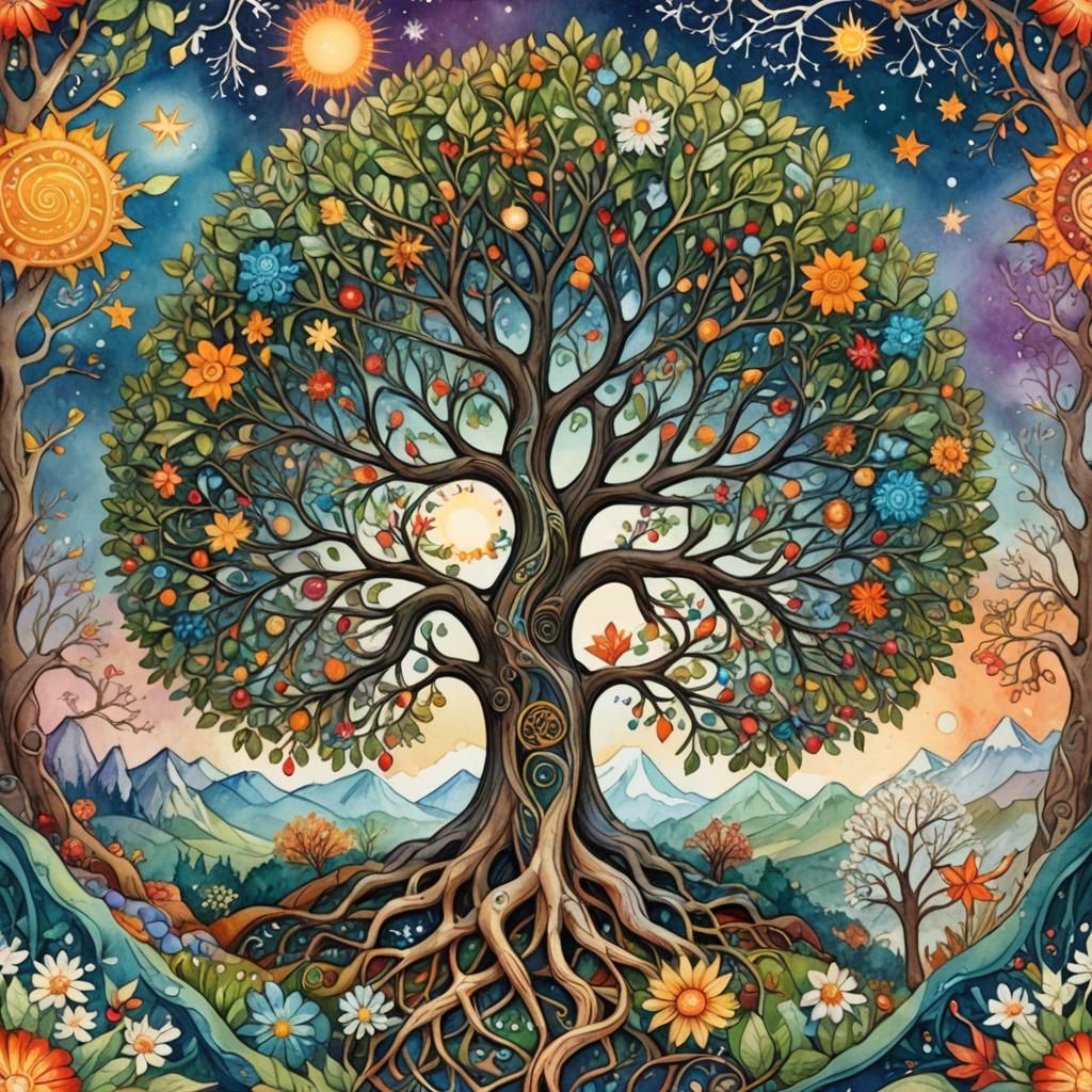 Four Seasons Tree: Fantasy Concept Art in Watercolor
