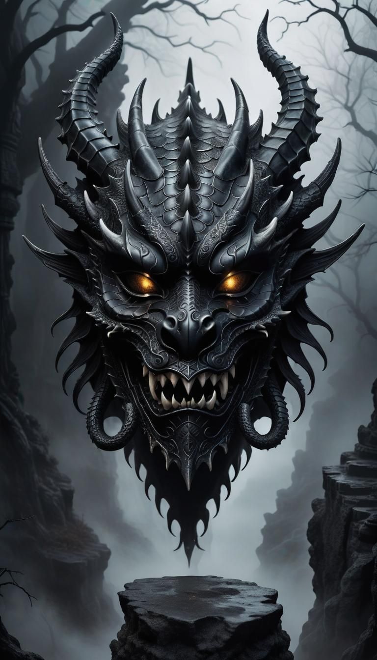 Intricate Dragon Mask in Foggy Dark Realm