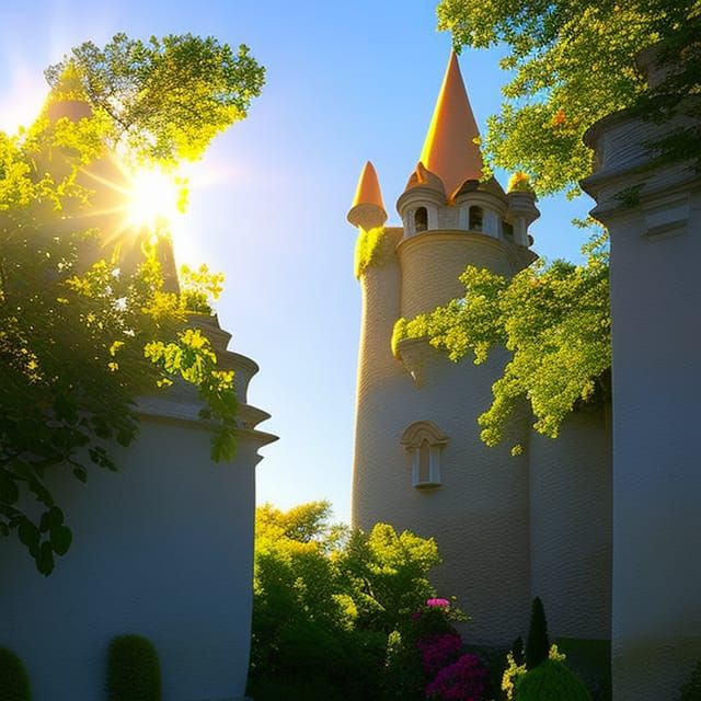 Castle with Roses Bathed in Sunshine