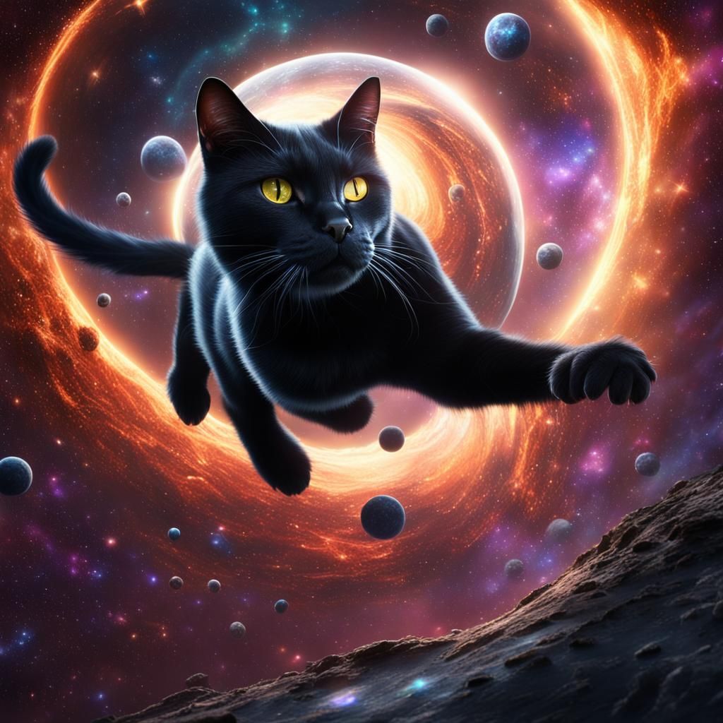 Black Cat's Cosmic Journey to a Black Hole