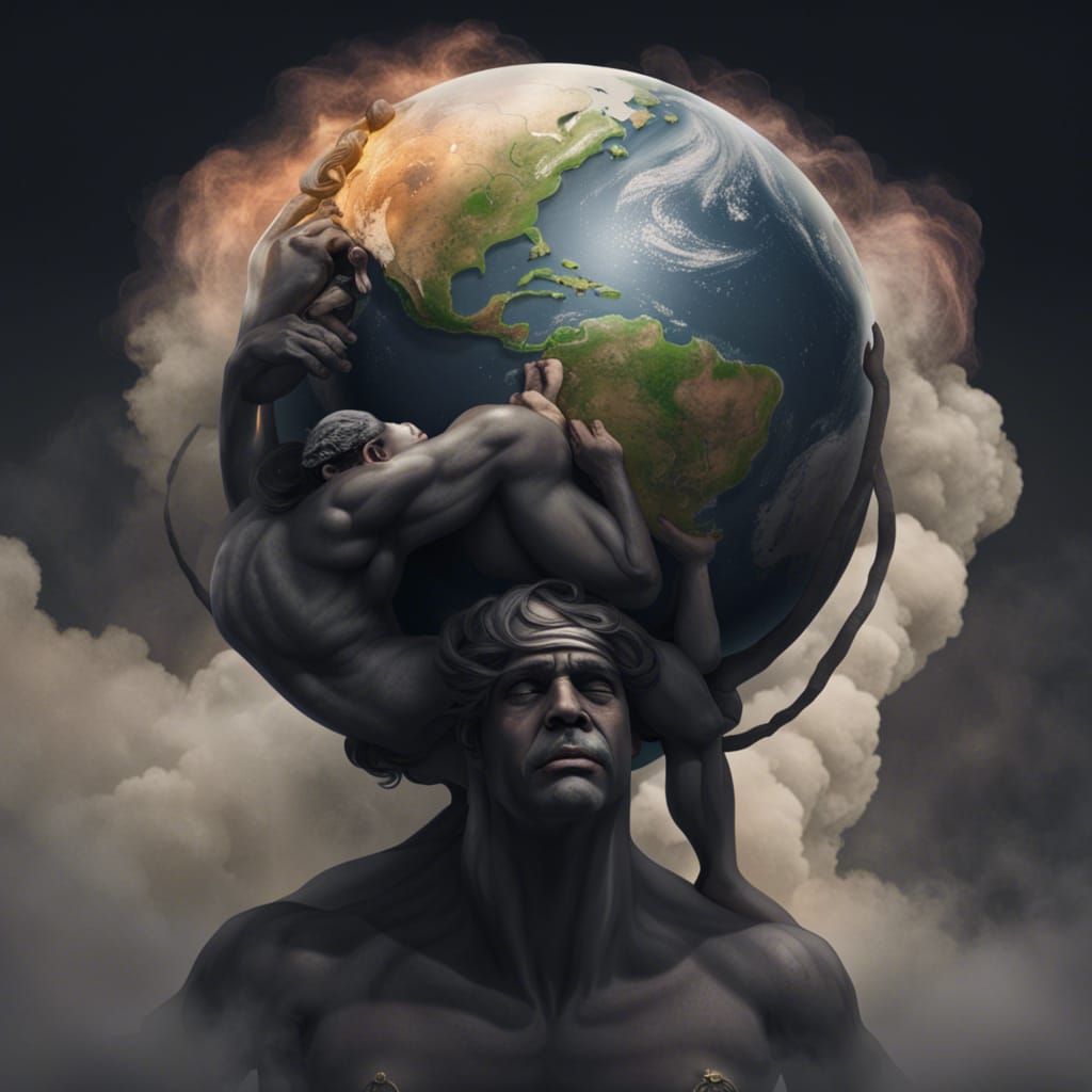 Distressed Atlas Cries Under Burden of Burning World