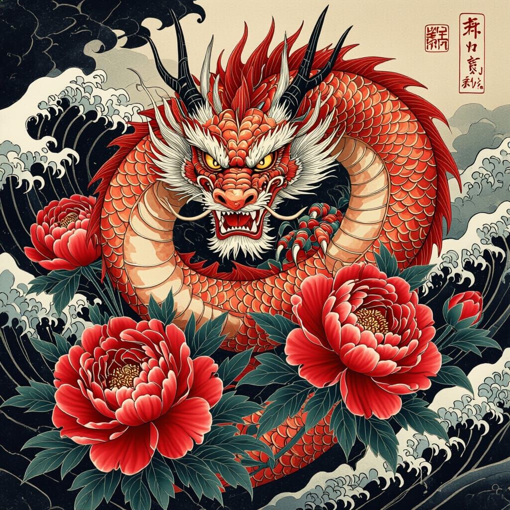 Japanese Dragon Tattoo with Red Peonies in Ukiyo-e Style