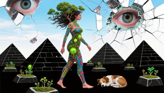 Surreal Woman Made of Tools on Pyramids in Dreamlike Atmosph...