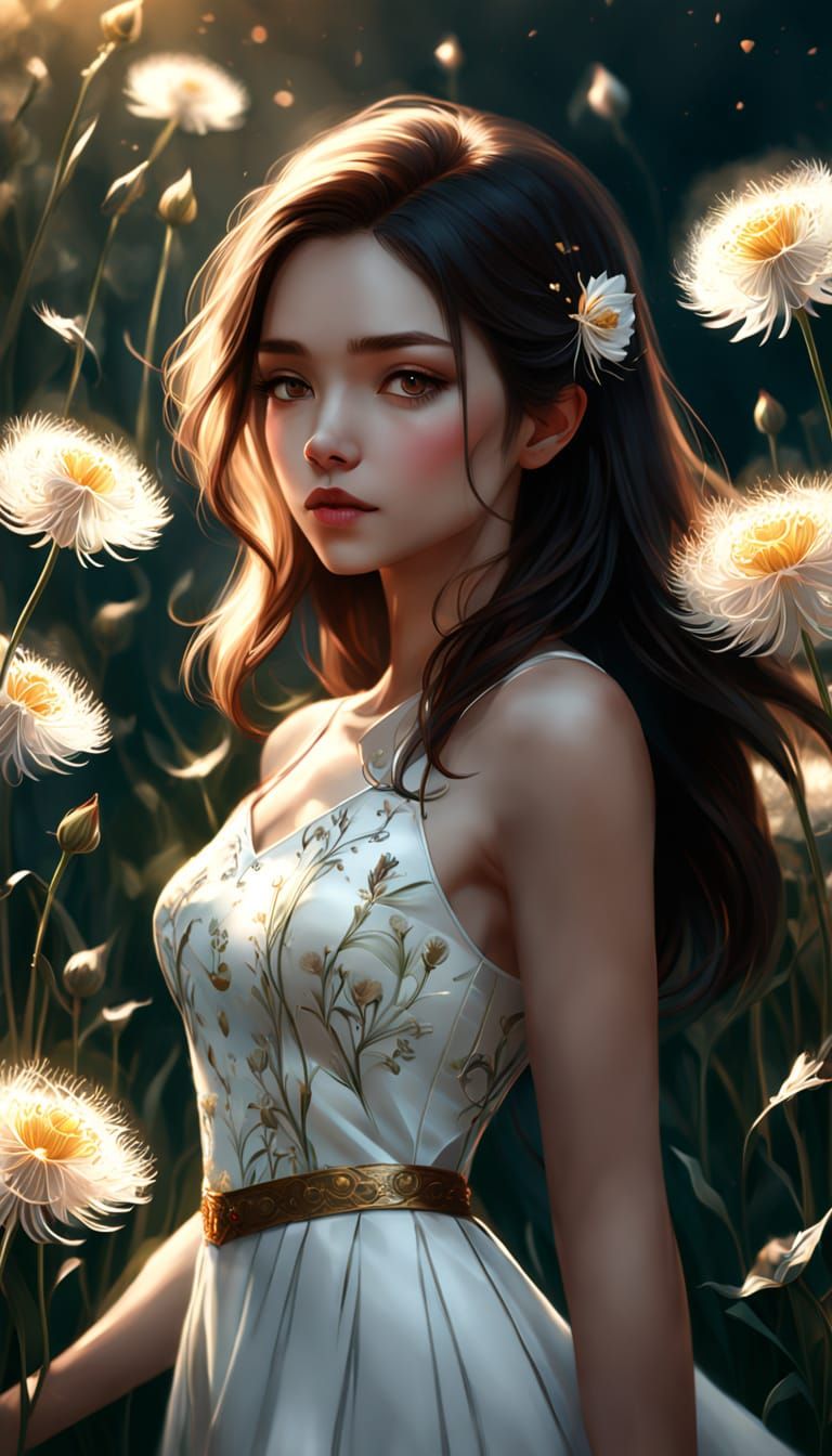 Ethereal Lady Among Dandelions with Red Rose