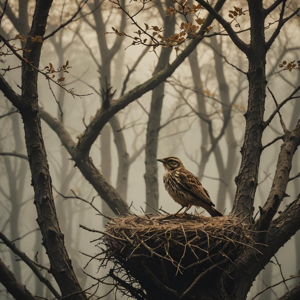 Skylark in Nest with Wolves Below: Cinematic Film Still