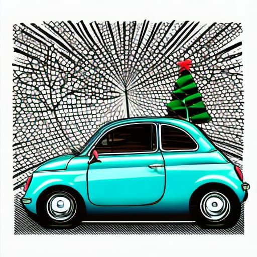 Fiat 500 with Christmas Tree: Bauhaus Illustration